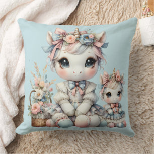 Pastel Kawaii Unicorn Mother Daughter Duo Blue Cushion