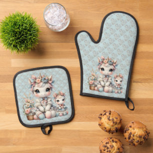 Pastel Kawaii Unicorn Mother Daughter Duo Blue Oven Mitt & Pot Holder Set