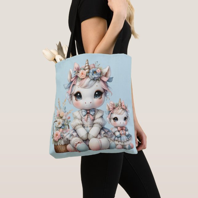 Pastel Kawaii Unicorn Mother Daughter Duo Blue Tote Bag (Close Up)