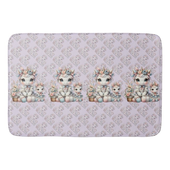 Pastel Kawaii Unicorn Mother Daughter Duo Lavender Bath Mat (Front)