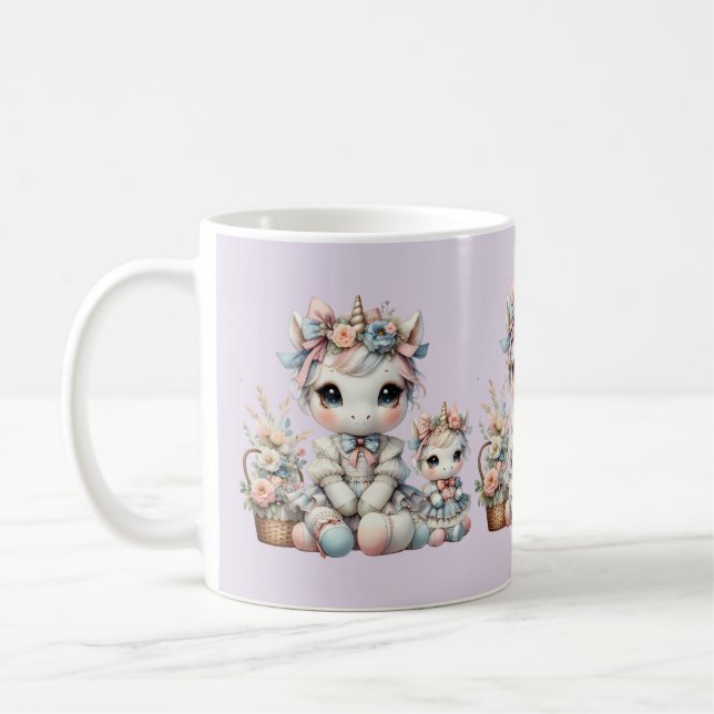 Pastel Kawaii Unicorn Mother Daughter Duo Lavender Coffee Mug (Left)