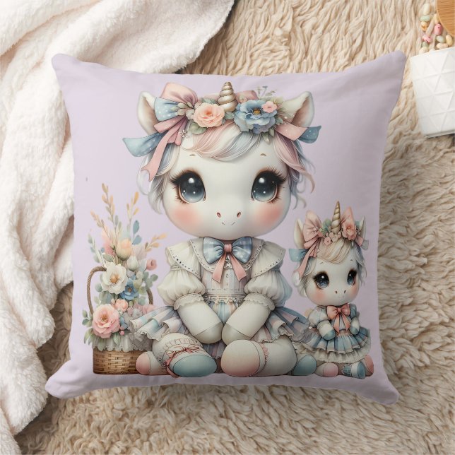 Pastel Kawaii Unicorn Mother Daughter Duo Lavender Cushion (Blanket)