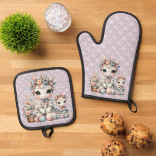 Pastel Kawaii Unicorn Mother Daughter Duo Lavender Oven Mitt & Pot Holder Set