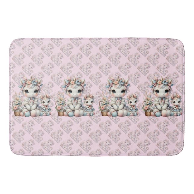 Pastel Kawaii Unicorn Mother Daughter Duo Pink Bath Mat (Front)