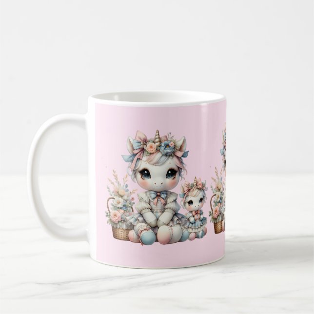 Pastel Kawaii Unicorn Mother Daughter Duo Pink Coffee Mug (Left)