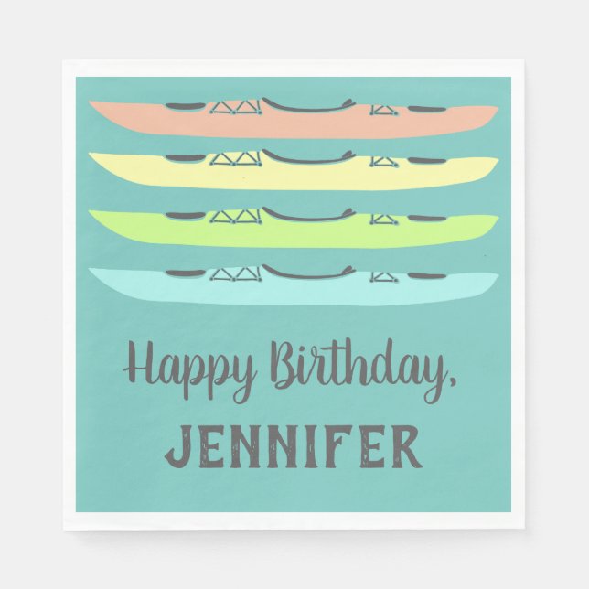 Pastel Kayaks on Teal Kayaking Themed Party Napkin (Front)