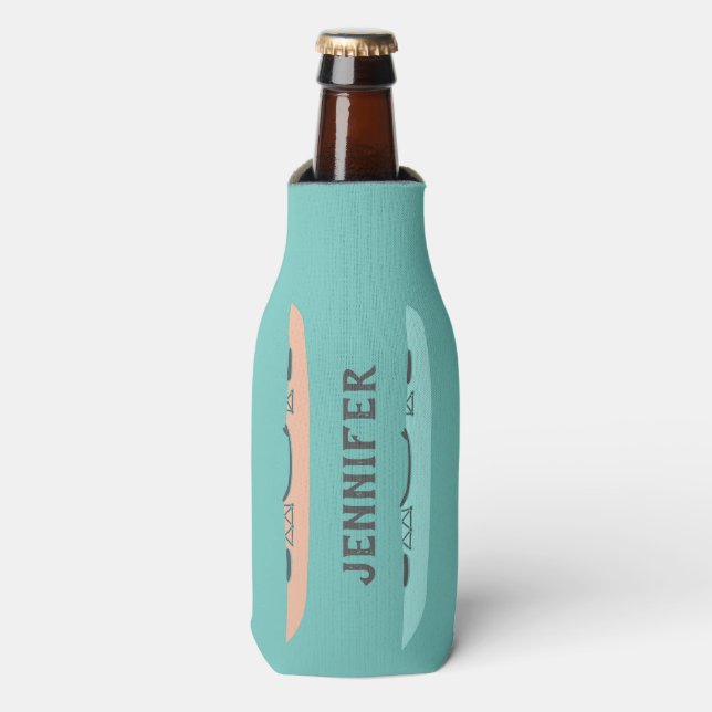 Pastel Kayaks Teal Blue Personalised Bottle Cooler (Bottle Front)