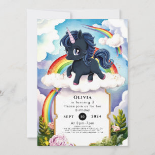 Pastel Kids Black Unicorn Birthday Invitation