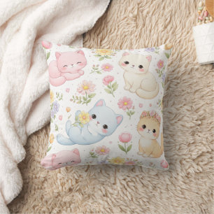 Pastel Kitten and Floral Pattern Throw Pillow