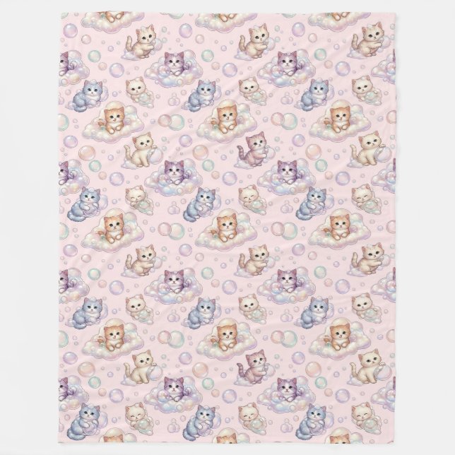 Pastel Kitten & Soap Bubble Seamlesst Fleece Blanket (Front)