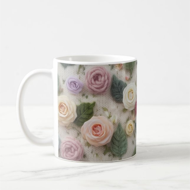Pastel Knitted Rose Mug | Cozy Floral Sweater Text (Left)