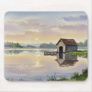 Pastel Lake Sunset Dock Cabin Tranquillity Mouse Mat