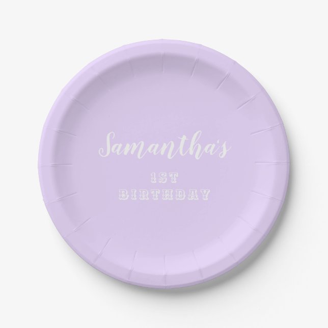 Pastel Lavender 1st Birthday Script Paper Plate (Front)