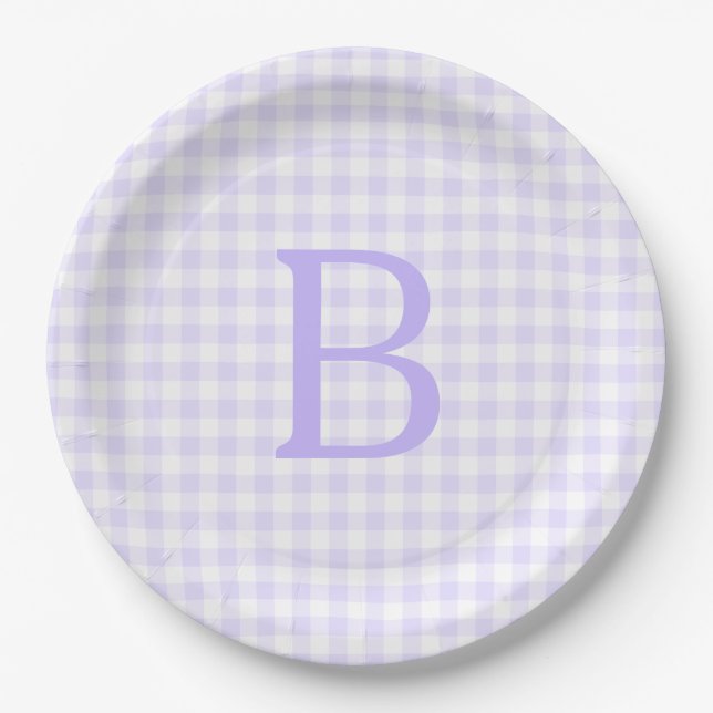 Pastel Lavender and White Gingham Monogram Paper Plate (Front)