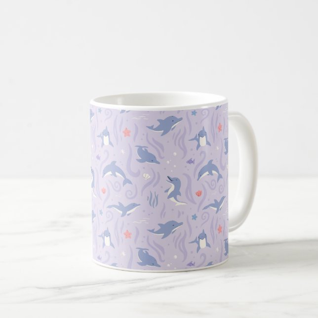 Pastel Lavender Dolphin Pattern Coffee Mug (Front Right)
