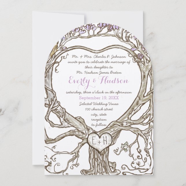 Pastel Lavender Lilac Boho Heart Shaped Tree Invitation (Front)