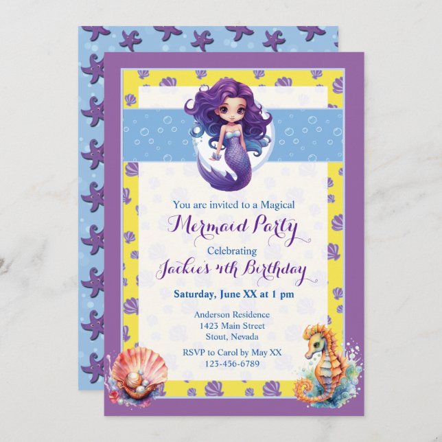 Pastel Lavender Magical Mermaid Birthday Party Invitation (Front/Back)