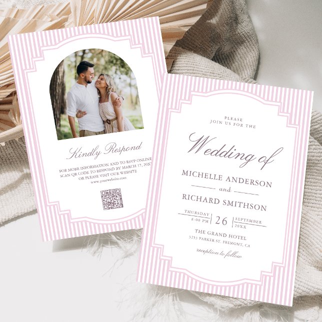 Pastel Lavender Striped Photo QR Code Wedding Invitation (Creator Uploaded)