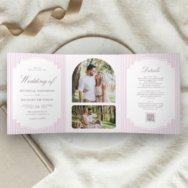 Pastel Lavender Striped Photo QR Code Wedding Tri-Fold Invitation (Creator Uploaded)