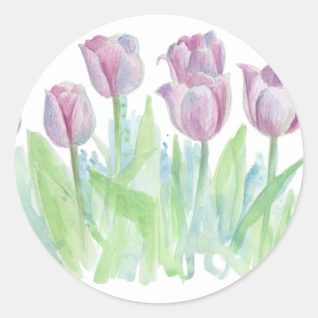 Pastel Lavender Tulips Flower Watercolor Art Classic Round Sticker (Front)