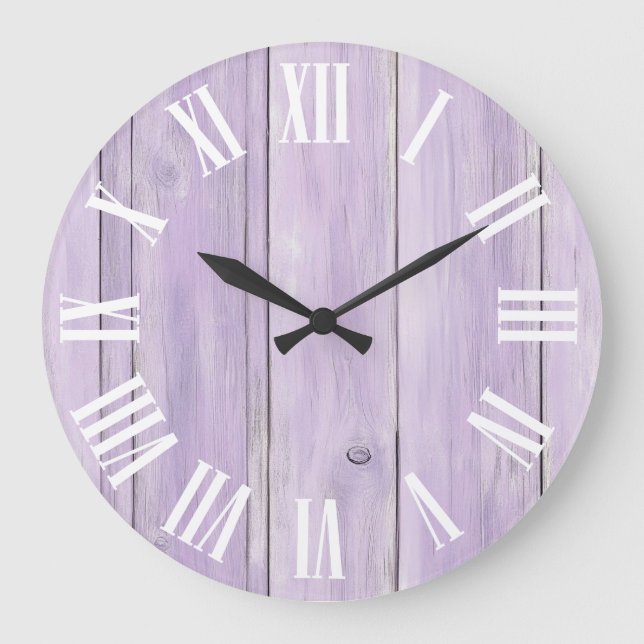 Pastel Lavender Wood Grain Bold Roman Numerals Large Clock (Front)
