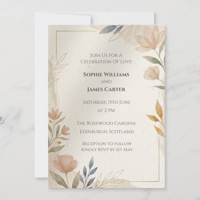 Pastel Leaf Watercolour Wedding Invitation (Front)