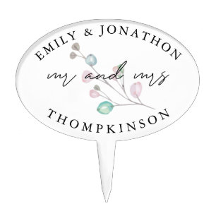 Pastel Leaves Mr Mrs Names Wedding Cake Topper