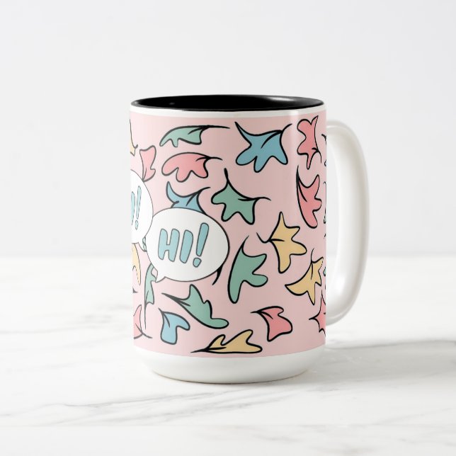 Pastel Leaves Pink Two-Tone Coffee Mug (Front Right)