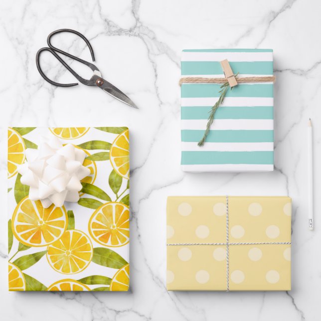 Pastel Lemon Fun Stripes Dots Fruit Summer Wrapping Paper Sheet (Front)