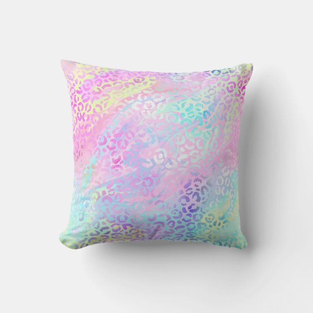 *~* Pastel Leopard Iridescent Rainbow Animal Print Cushion (Front)