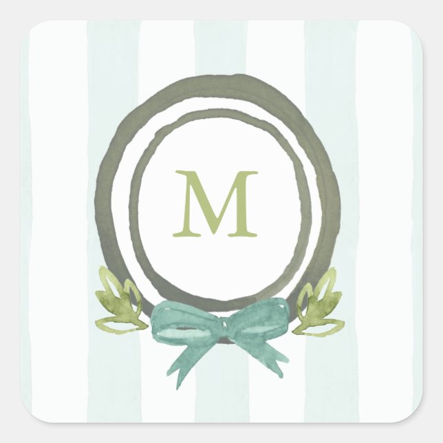 Pastel Light Blue and Green Monogram Crest Square Sticker (Front)