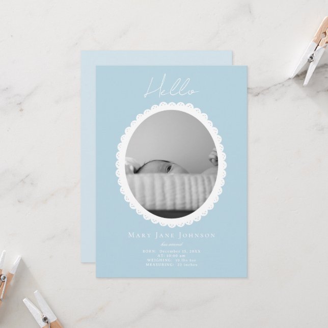 Pastel Light Blue Baby Birth Announcement Card (Front/Back In Situ)