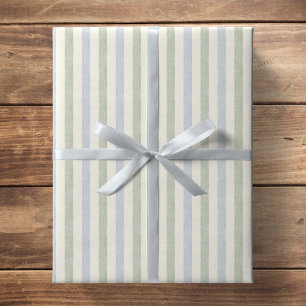 Pastel Light Blue Sage Green Beige Stripe Boho Wrapping Paper