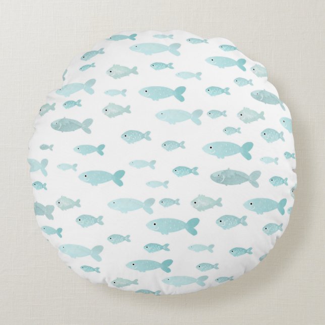 Pastel Light Blue Watercolor Fish Pattern Round Cushion (Front)