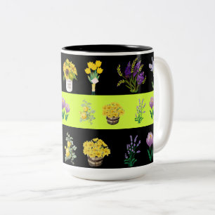 Pastel Light Green and Black Floral Pattern Coffee Two-Tone Coffee Mug