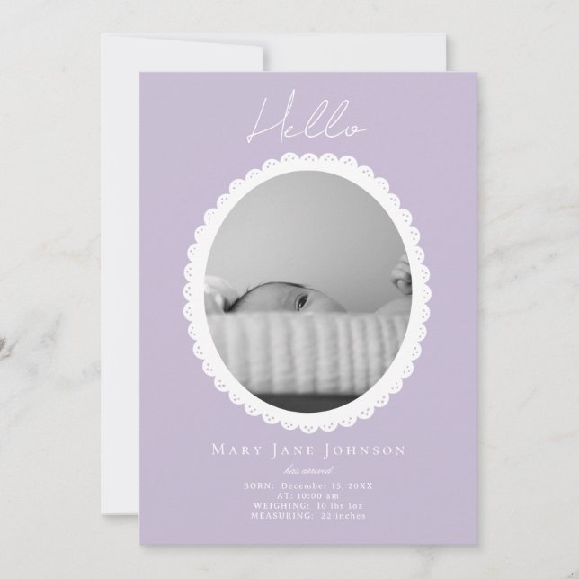 Pastel Light Lavender Baby Birth Announcement Card (Front)