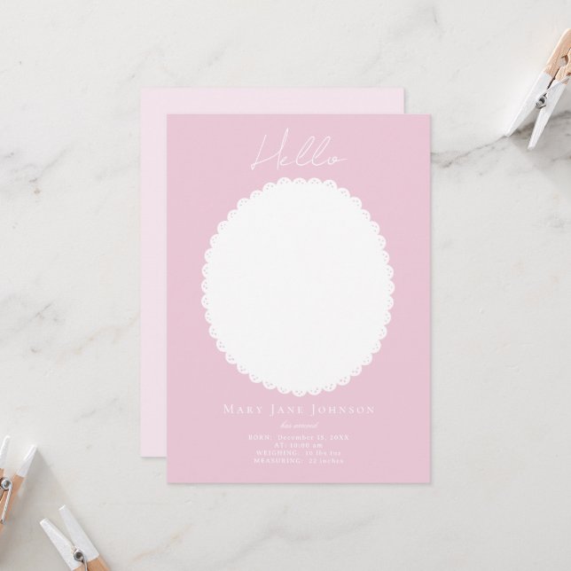 Pastel Light Pink Baby Birth Announcement Card (Front/Back In Situ)