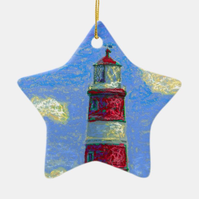 Pastel Lighthouse and Lavender Fields Ceramic Tree Decoration (Front)