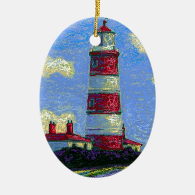 Pastel Lighthouse and Lavender Fields Ceramic Tree Decoration (Front)