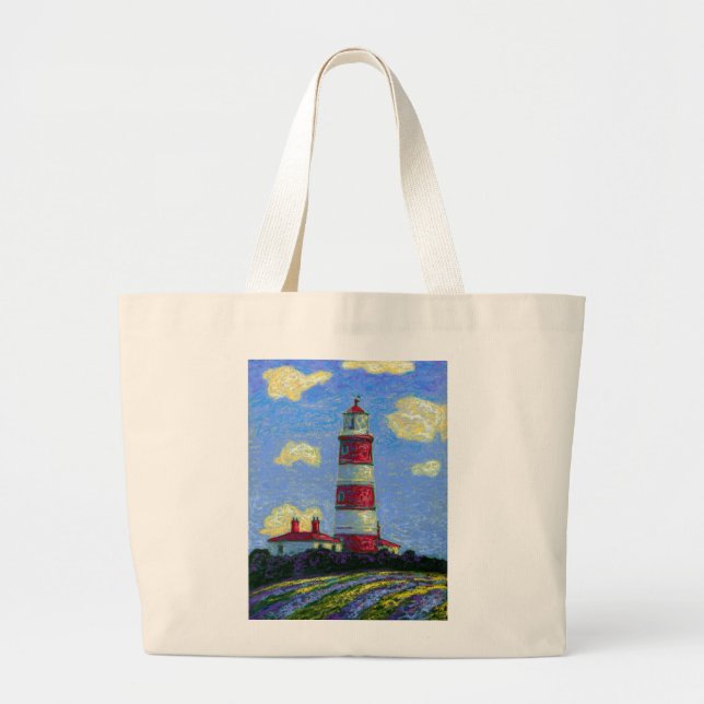 Pastel Lighthouse and Lavender Fields Large Tote Bag (Front)