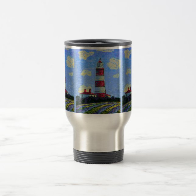 Pastel Lighthouse and Lavender Fields Travel Mug (Center)