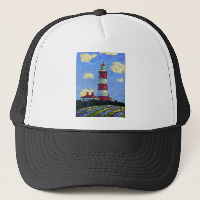 Pastel Lighthouse and Lavender Fields Trucker Hat (Front)