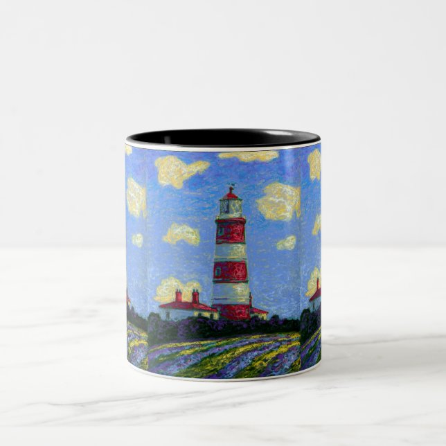 Pastel Lighthouse and Lavender Fields Two-Tone Coffee Mug (Center)