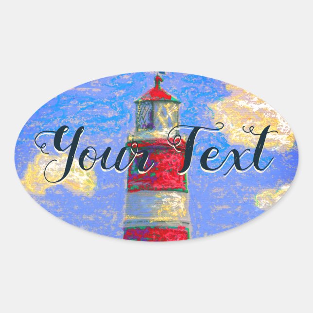 Pastel Lighthouse, clouds and your text Oval Sticker (Front)