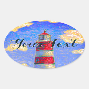 Pastel Lighthouse, clouds and your text Oval Sticker