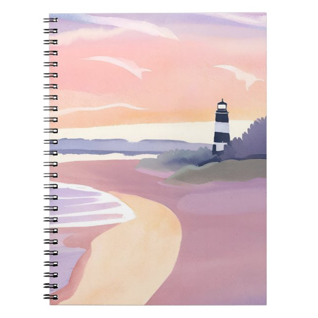 Pastel Lighthouse | Coastal Beach Shore Watercolor Notebook (Front)