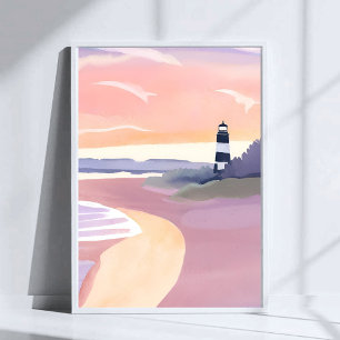 Pastel Lighthouse   Coastal Beach Shore Watercolor Poster