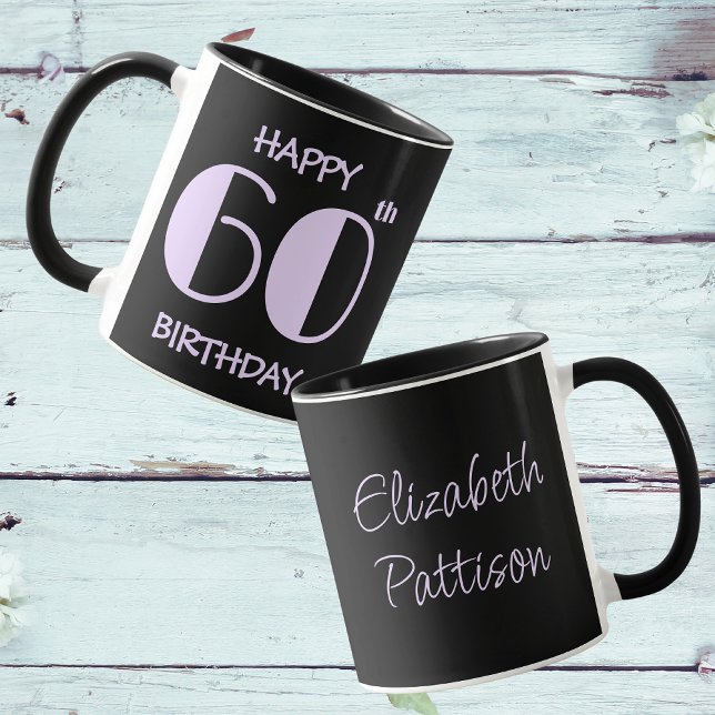 Pastel Lilac 60th Birthday Name Black Mug (Front And Back)