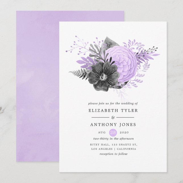 Pastel Lilac and Charcoal Floral Wedding Invitation (Front/Back)