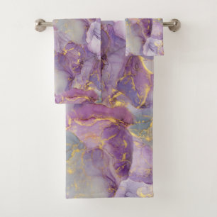 Pastel Lilac, Blue and Gold Glitter Marble Pattern Bath Towel Set